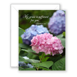 Rhena's Hydrangeas (II Corinthians 12:9)- Encouragement Card (Blank)